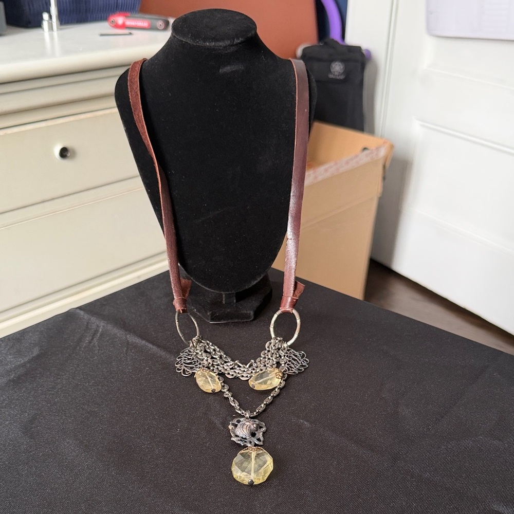 Brown Leather and Silver Women's Necklace with crystals